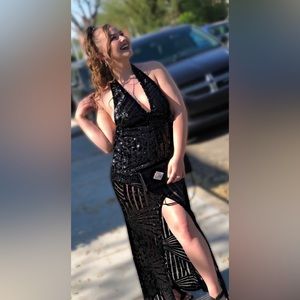 Large Black Sequenced Prom Dress sparkly. With small black purse